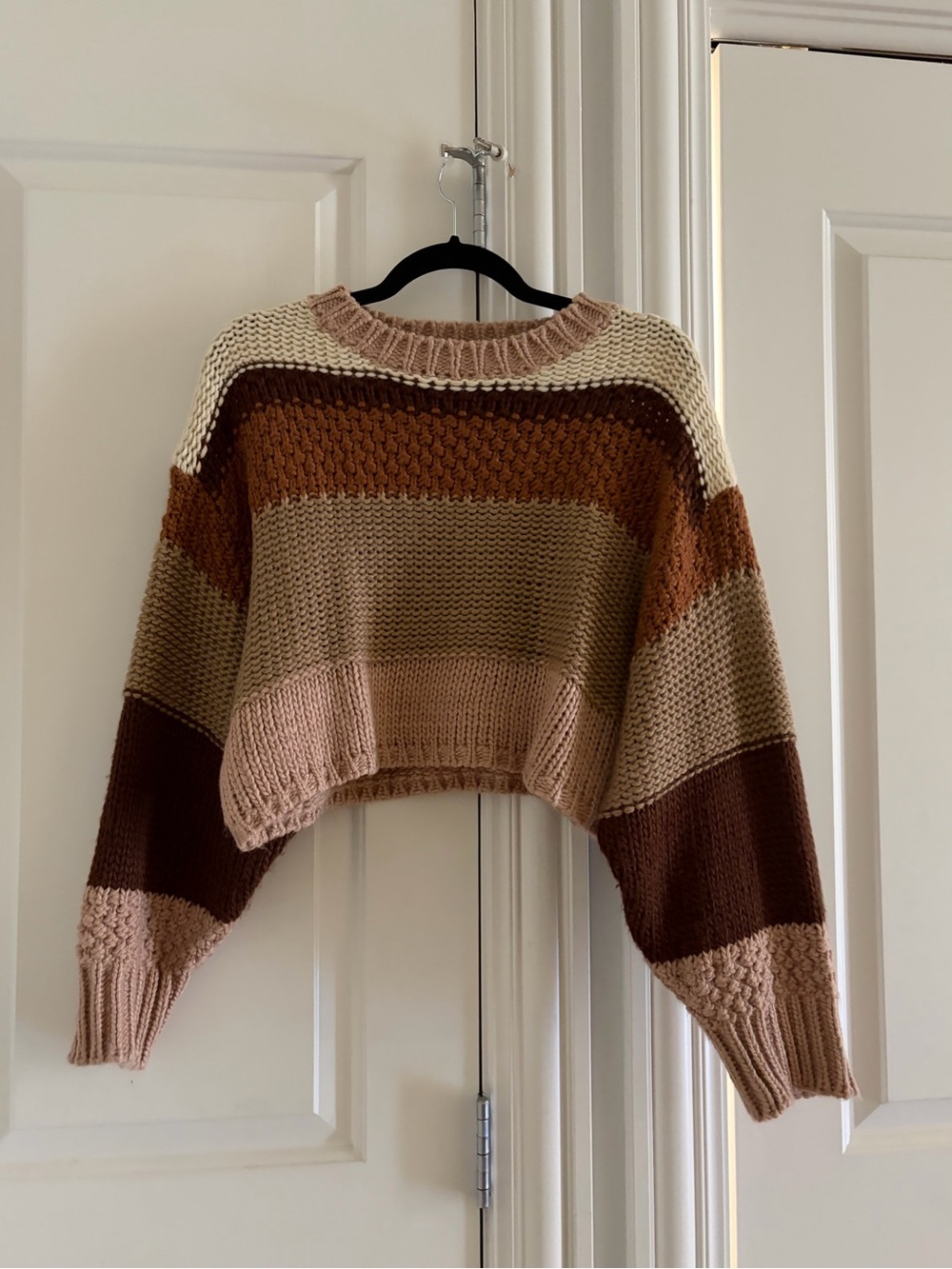 Le Lis Striped Cropped Crewneck Sweater in Brown, Tan & Cream